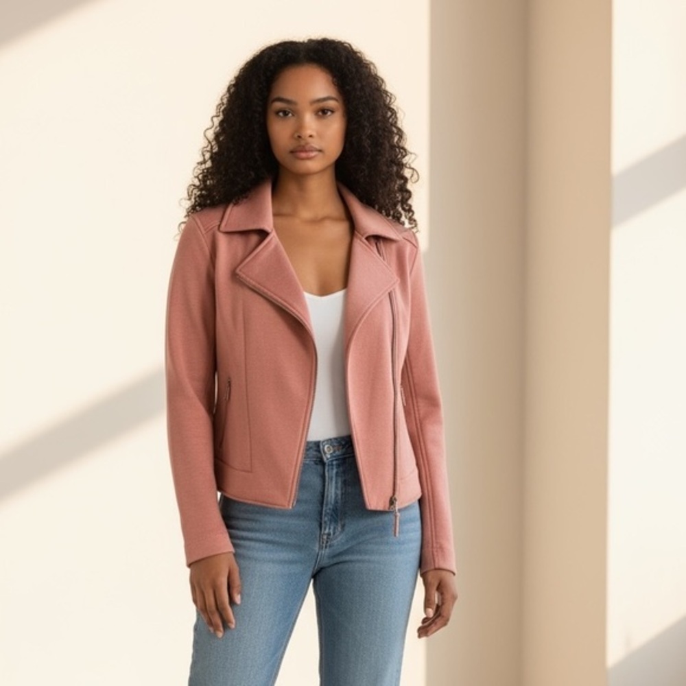 Max Studio Dusty Rose Knit Moto Jacket Asymmetric Zip Women’s Size Small